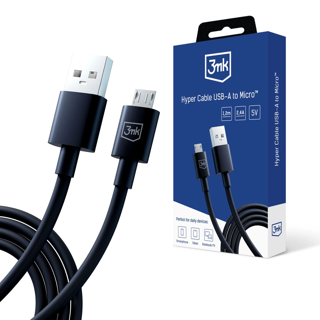 3mk Hyper Cable USB-A / micro USB 5V 2.4A 1.2m - sort
