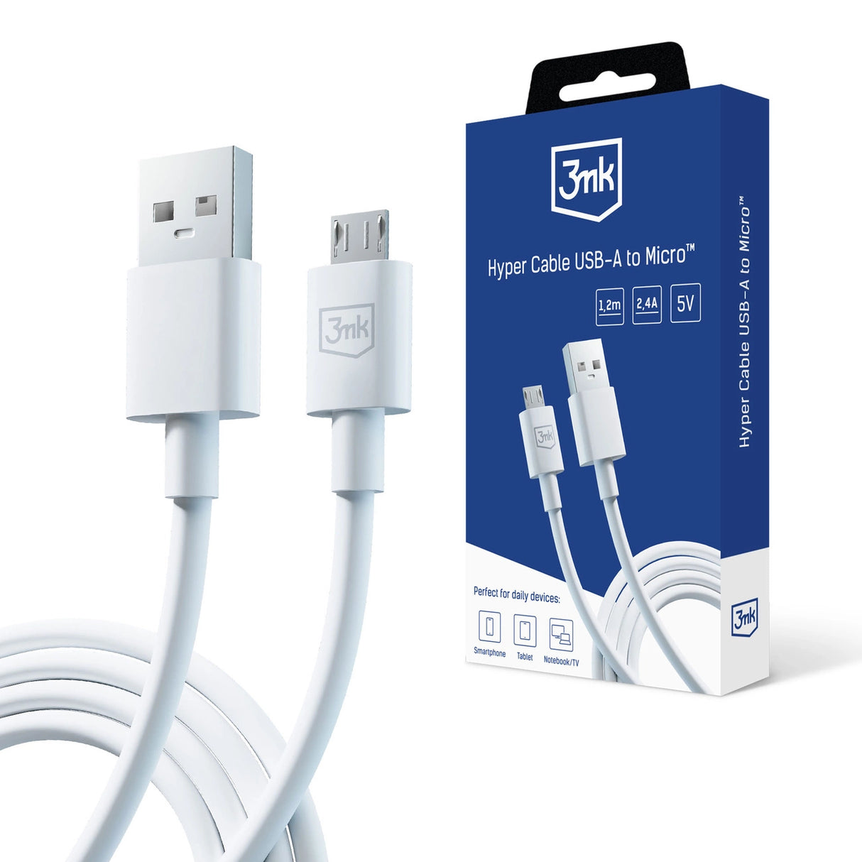 3mk Hyper Cable USB-A / micro USB 5V 2.4A 1.2m - hvid