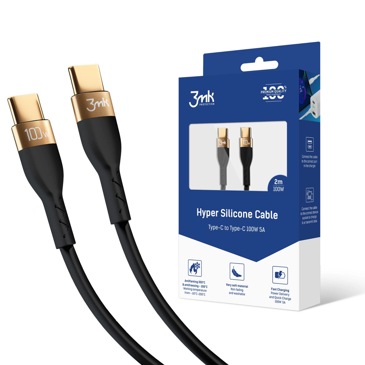 3mk Hyper Silicone Cable USB-C / USB-C 100W 2m - sort