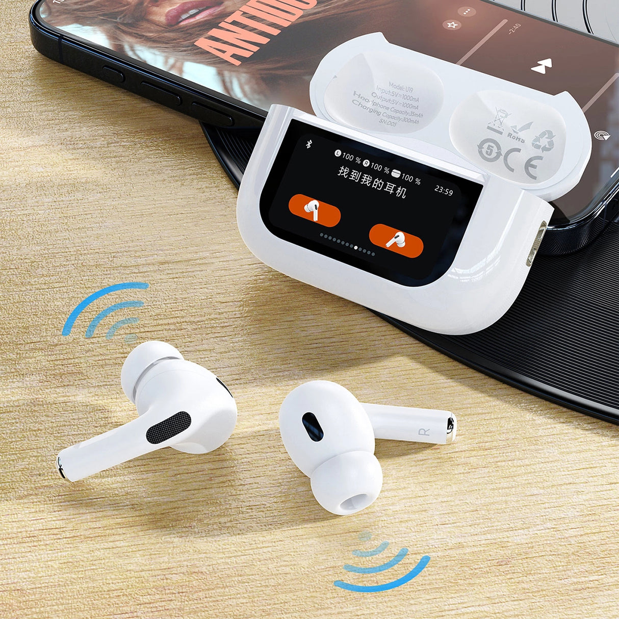 Dudao U19 in-ear TWS trådløse Bluetooth 5.3 hovedtelefoner med LED-skærm - hvid
