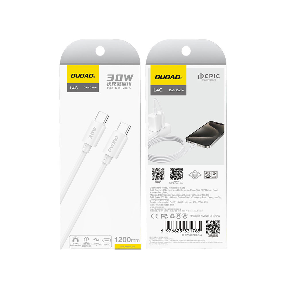Dudao L4C USB-C / USB-C 30W 2m Kabel - Hvid