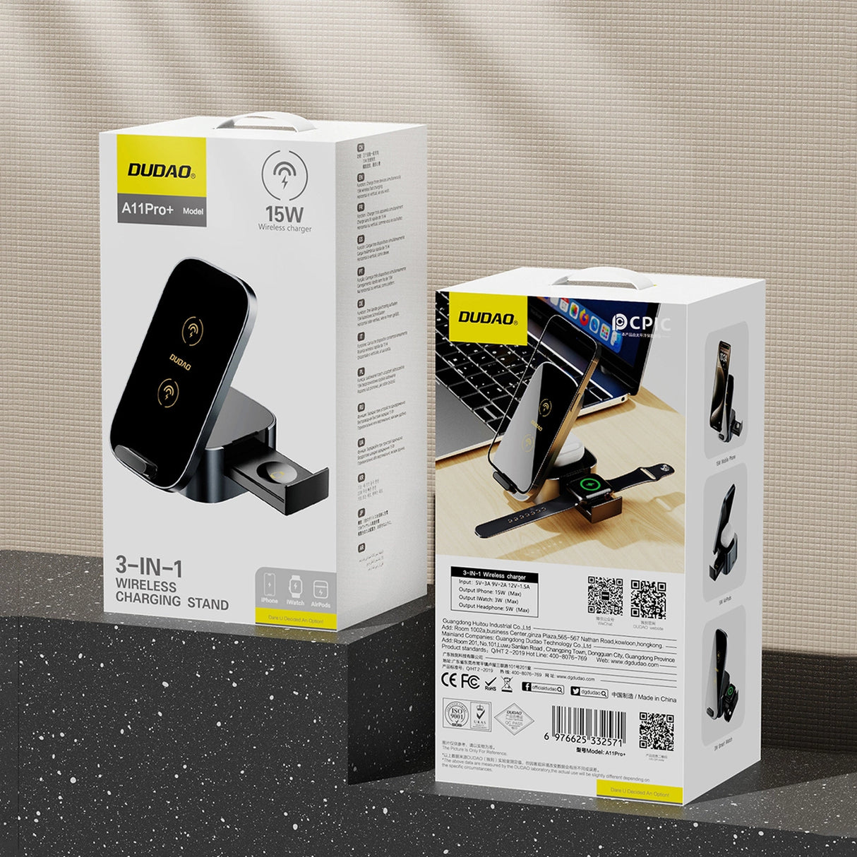 Dudao A11Pro+ 15W 3in1 induktiv oplader til telefon/smartwatch/hovedtelefoner - sort