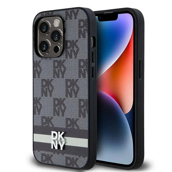DKNY læder med krydsede mono mønstre og trykte striber iPhone 14 Pro Case - sort