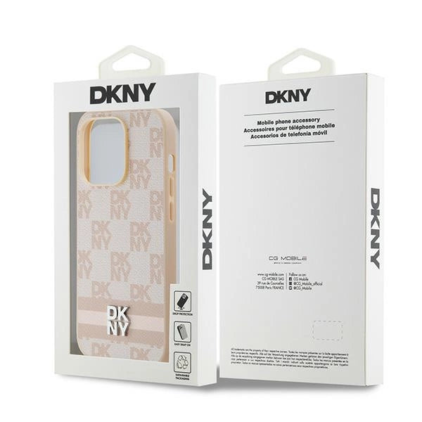 Læder fra DKNY med krydsede mono mønstre og trykte striber til iPhone 14 Pro - pink