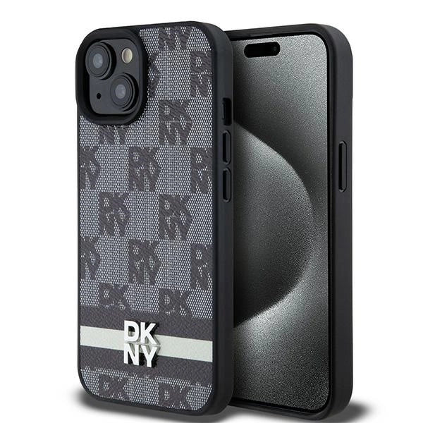 DKNY læder med krydsede mono mønstre og trykte striber Case til iPhone 15/14/13 - sort