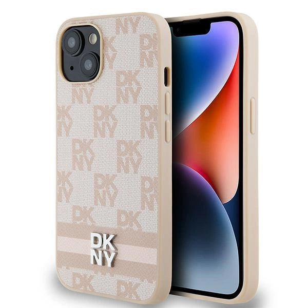 DKNY læder med krydsede mono mønstre og trykte striber til iPhone 15 / 14 / 13 - pink