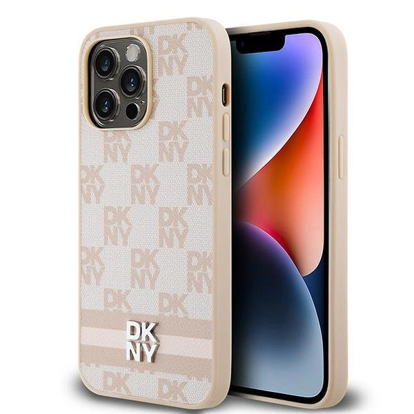 DKNY læder med krydsede mono mønstre og trykte striber til iPhone 14 Pro Max - pink