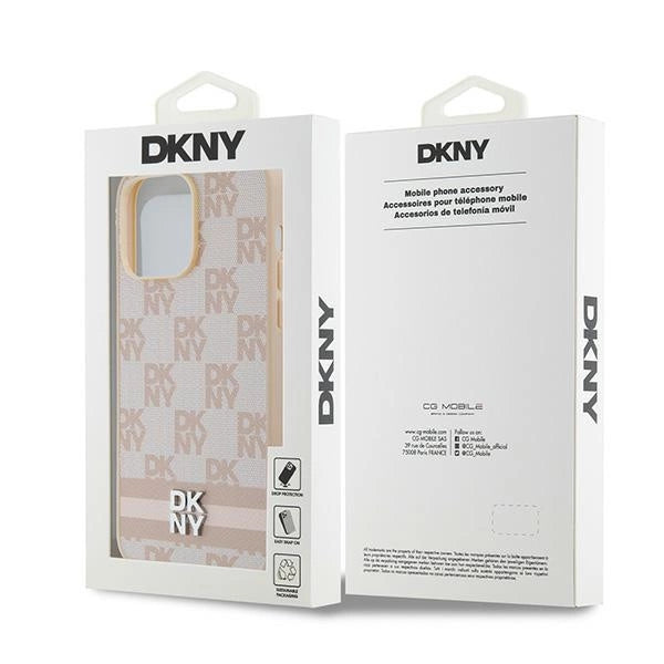 DKNY læder med krydsede mono mønstre og trykte striber til iPhone 14 Pro Max - pink
