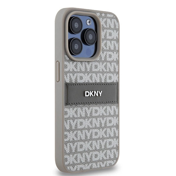 DKNY læder Mono Stripe & Metal Logo-kasse til iPhone 15 Pro - beige