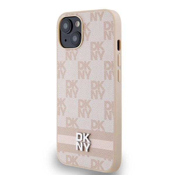 DKNY læder med krydsede mono mønstre og trykte striber til iPhone 15 Plus / 14 Plus - Pink