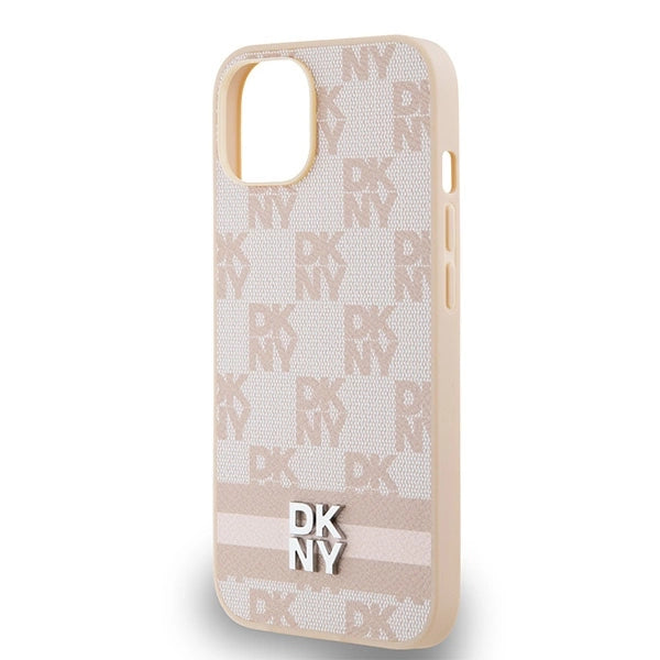 DKNY læder med krydsede mono mønstre og trykte striber til iPhone 15 Plus / 14 Plus - Pink