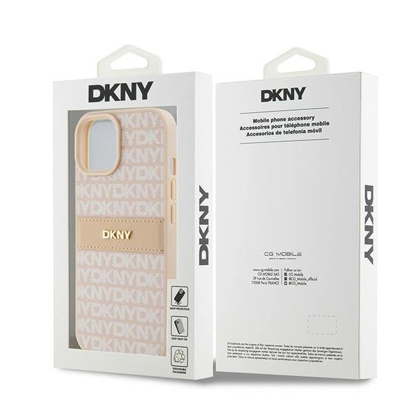 DKNY læder Mono Stripe & Metal Logo Case til iPhone 15 Plus / 14 Plus - Pink