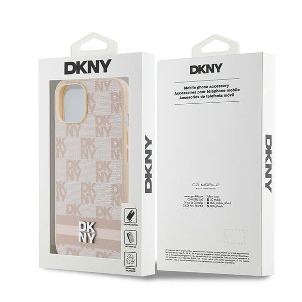 DKNY læder med krydsede mono mønstre og trykte striber til iPhone 15 / 14 / 13 - pink