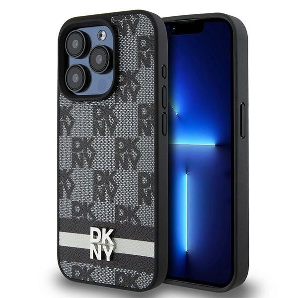DKNY læder med krydsede mono mønstre og trykte striber Case til iPhone 15 Pro Max - sort