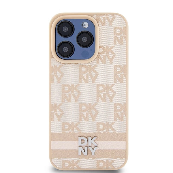DKNY læder med krydsede mono mønstre og trykte striber til iPhone 15 Pro Max - pink