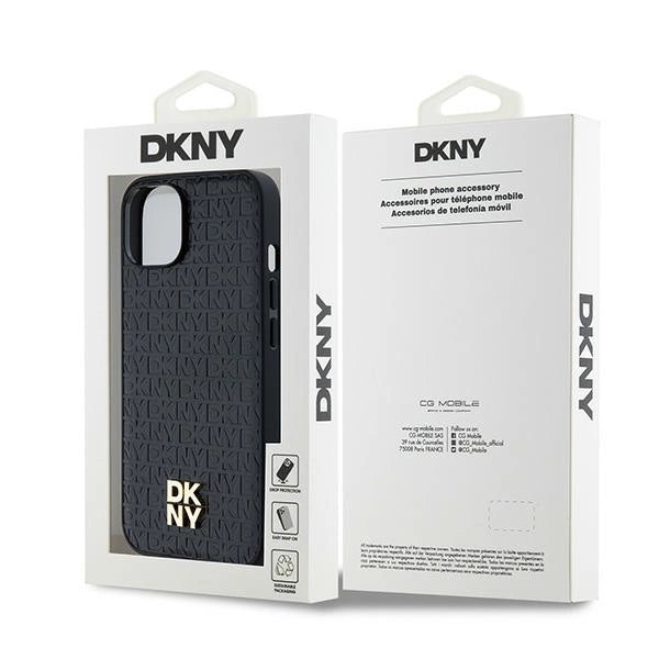 DKNY læder Monogram mønster Metal Logo MagSafe Case til iPhone 15/14/13 - sort