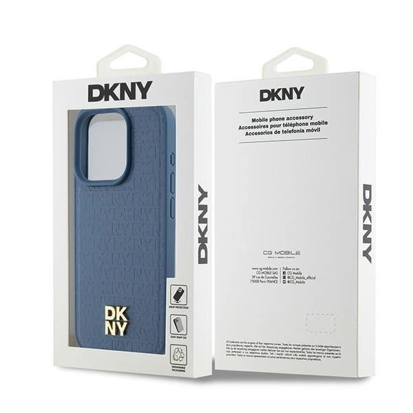 DKNY læder monogram mønster metal logo MagSafe Case til iPhone 15 Pro - Blå