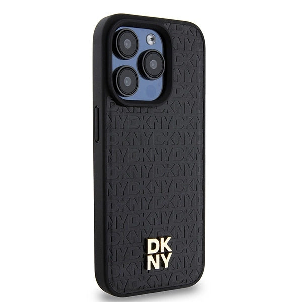 DKNY læder monogram mønster metal logo MagSafe Case til iPhone 15 Pro - sort