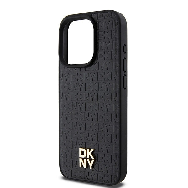 DKNY læder monogram mønster metal logo MagSafe Case til iPhone 15 Pro - sort