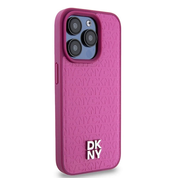 DKNY læder Monogram mønster Metal Logo MagSafe Case til iPhone 15 Pro - Pink