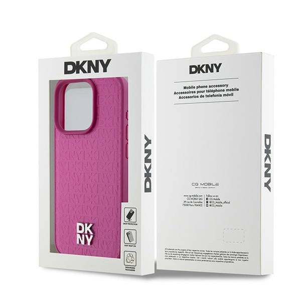 DKNY læder Monogram mønster Metal Logo MagSafe Case til iPhone 15 Pro - Pink