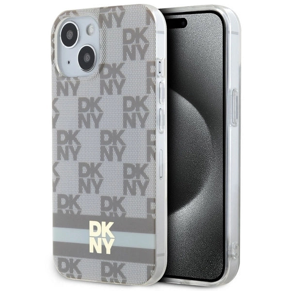 DKNY IML Checkered Mono Pattern & Printed Stripes MagSafe Case til iPhone 15 Plus / 14 Plus - Beige