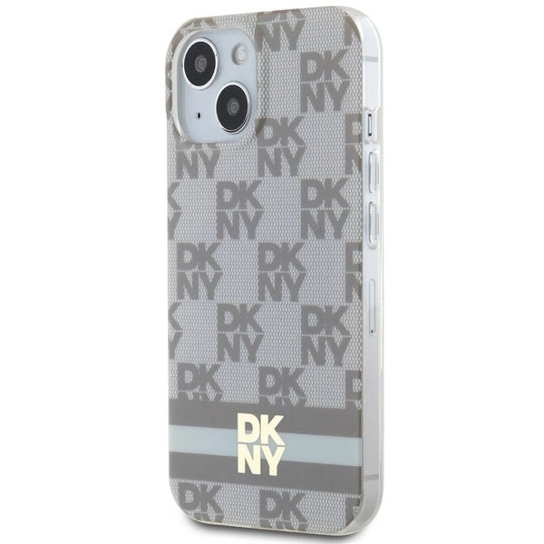 DKNY IML Checkered Mono Pattern & Printed Stripes MagSafe Case til iPhone 15 Plus / 14 Plus - Beige