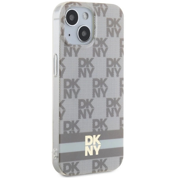 DKNY IML Checkered Mono Pattern & Printed Stripes MagSafe Case til iPhone 15 Plus / 14 Plus - Beige