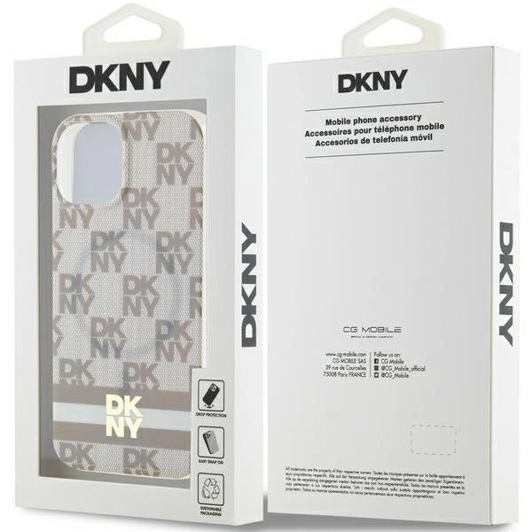 DKNY IML Checkered Mono Pattern & Printed Stripes MagSafe Case til iPhone 15 Plus / 14 Plus - Beige