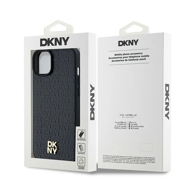 DKNY læder monogram mønster metal logo MagSafe Case til iPhone 15 Plus / 14 Plus - sort