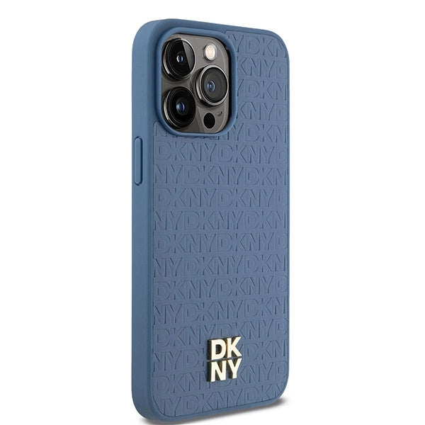 DKNY læder monogram mønster metal logo MagSafe Case til iPhone 15 Pro Max - Blå