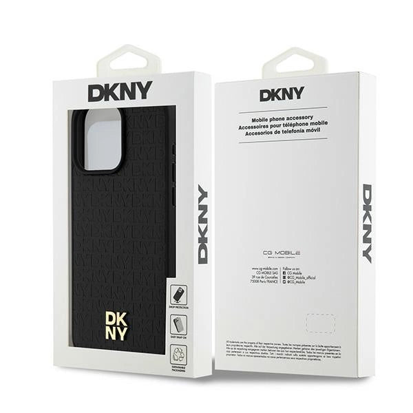 DKNY læder monogram mønster metal logo MagSafe Case til iPhone 15 Pro Max - sort