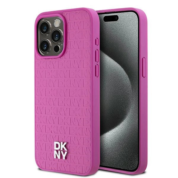 DKNY læder Monogram mønster Metal Logo MagSafe Case til iPhone 15 Pro Max - Pink