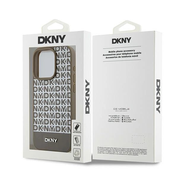 DKNY læder med trykt mønstermetallogo MagSafe Case til iPhone 15 Pro Max - Brown