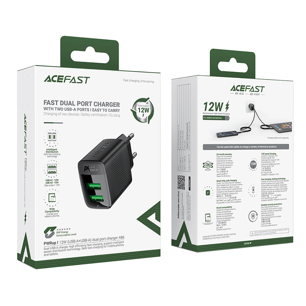 Acefast A86 netoplader 2x USB-A 12W - sort