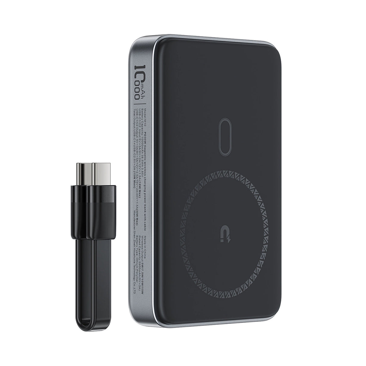 Powerbank Acefast M10 Magnetisk 2x USB-C PD 30W med 15W induktiv opladning og USB-C-kabel - sort