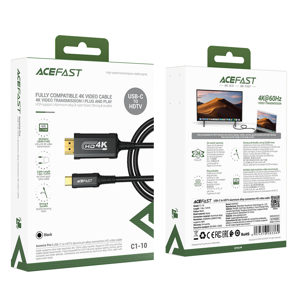 Acefast C1 USB-C/HDMI videokabel 4K 60Hz HDR 1,8m - Sort