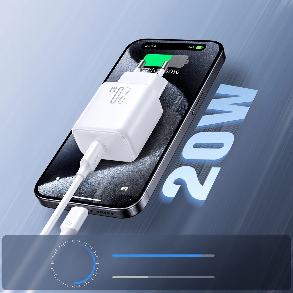 Joyroom JR-TCF20 USB-C PD 20W netværksoplader - hvid + USB-C / Lightning kabel 1m