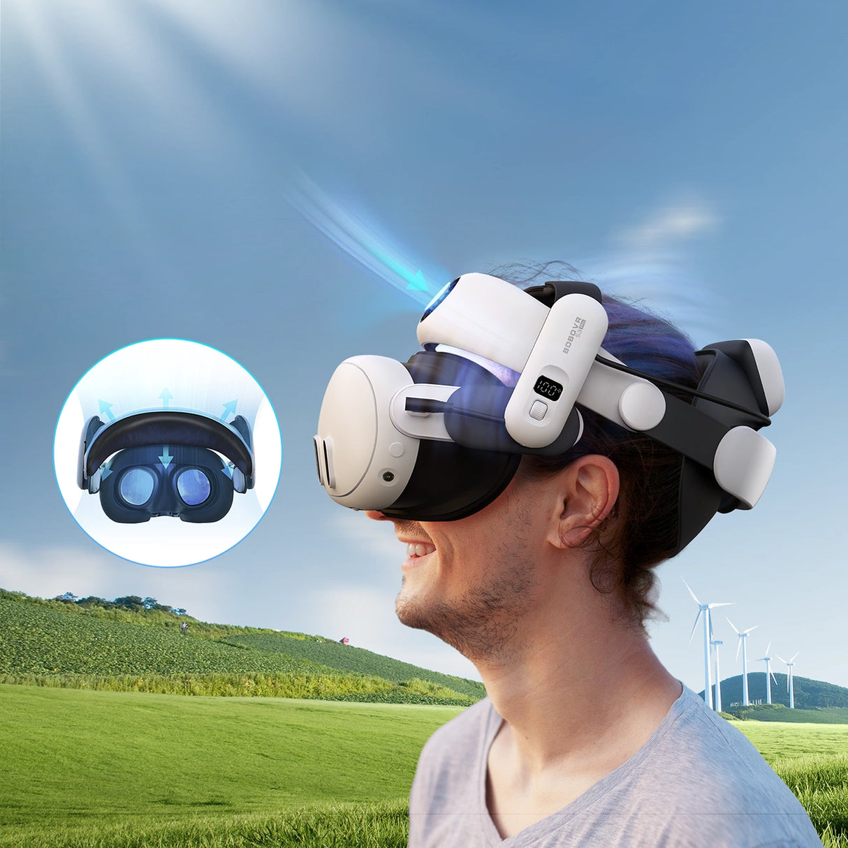 BoboVR S3 Pro belastningsbånd til Meta Quest 3 VR-briller + B100 eksternt batteri - hvidt og sort