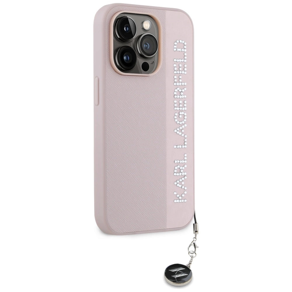 Karl Lagerfeld Saffiano Rhinestones & Charm case for iPhone 15 Pro Max - pink