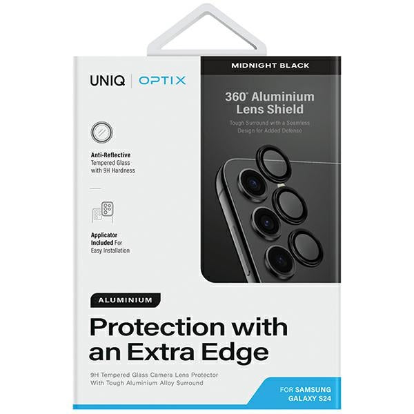 Uniq Optix aluminiums kameraobjektivbeskytter til Samsung Galaxy S24 kameraobjektiv med applikator - sort