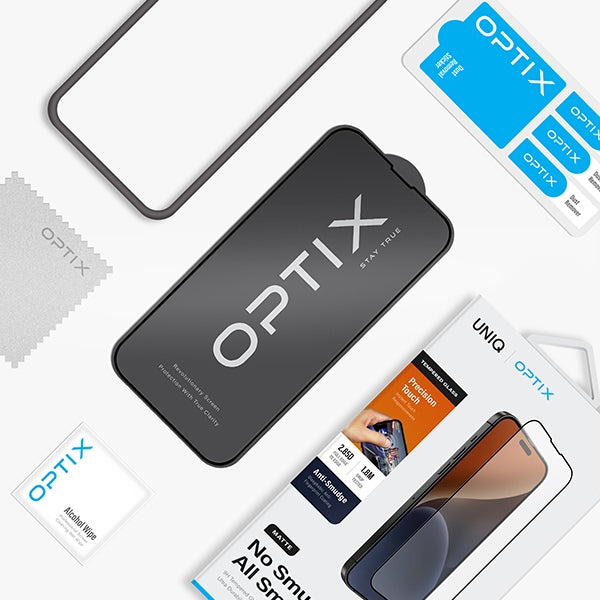 Uniq Optix Matte frostet hærdet glas til iPhone 15 Plus / 14 Pro Max med applikator