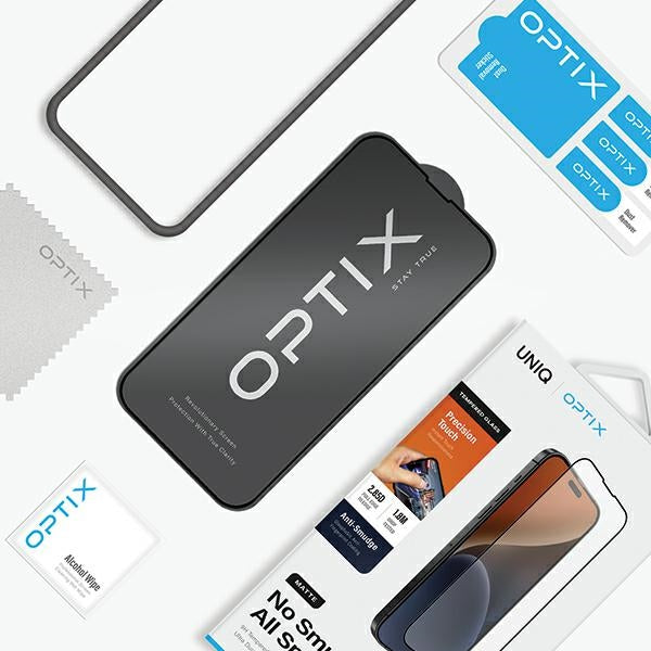 Uniq Optix Matte frostet hærdet glas til iPhone 15 Pro Max med applikator