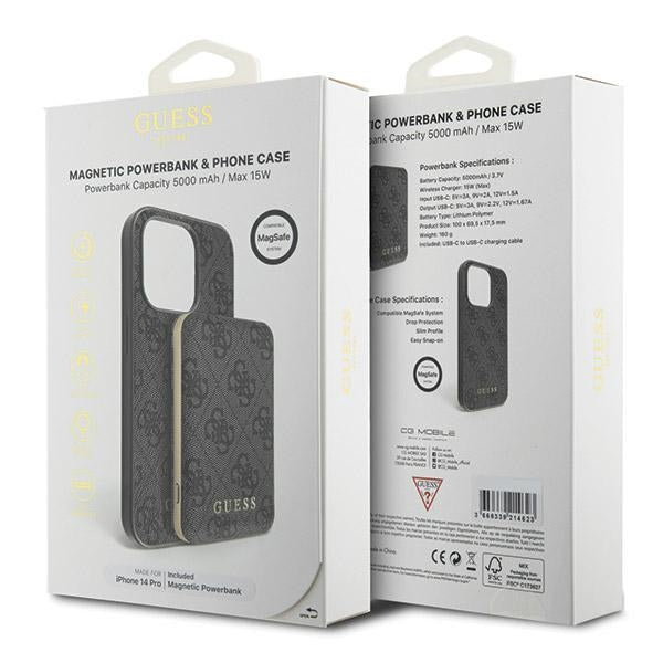 Guess 4G Metal Logo-kasset til iPhone 14 Pro + 5000mAh MagSafe powerbank - sort