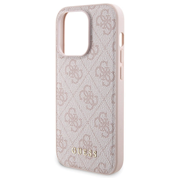 Guess 4G Metal Logo-kasset til iPhone 15 Pro + 5000mAh MagSafe powerbank - pink
