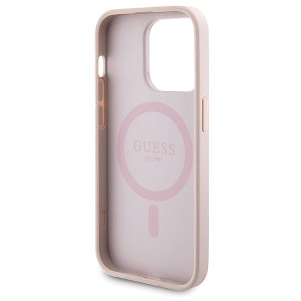 Guess 4G Metal Logo-kasset til iPhone 15 Pro + 5000mAh MagSafe powerbank - pink