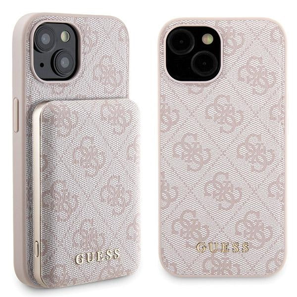 Guess 4G Metal Logo-kasset til iPhone 15 + 5000mAh MagSafe powerbank - pink