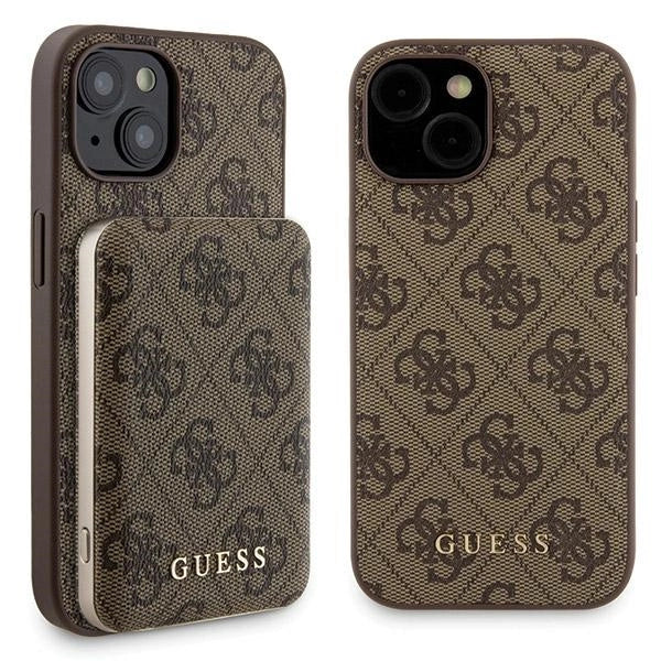 Guess 4G Metal Logo-kasset til iPhone 15 + 5000mAh MagSafe powerbank - brun