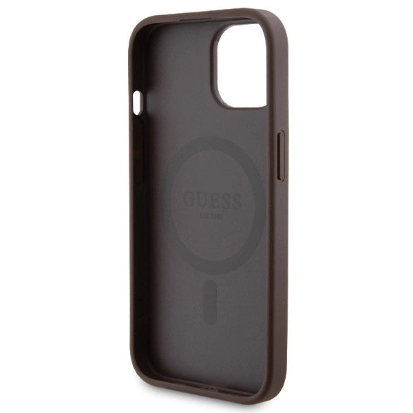 Guess 4G Metal Logo-kasset til iPhone 15 + 5000mAh MagSafe powerbank - brun