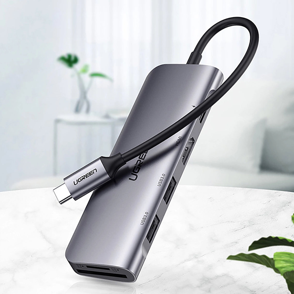 Ugreen CM195 6in1 adapter USB-C - HDMI / 2x USB-A 3.0 / USB-C PD / SD / TF-læser - grå